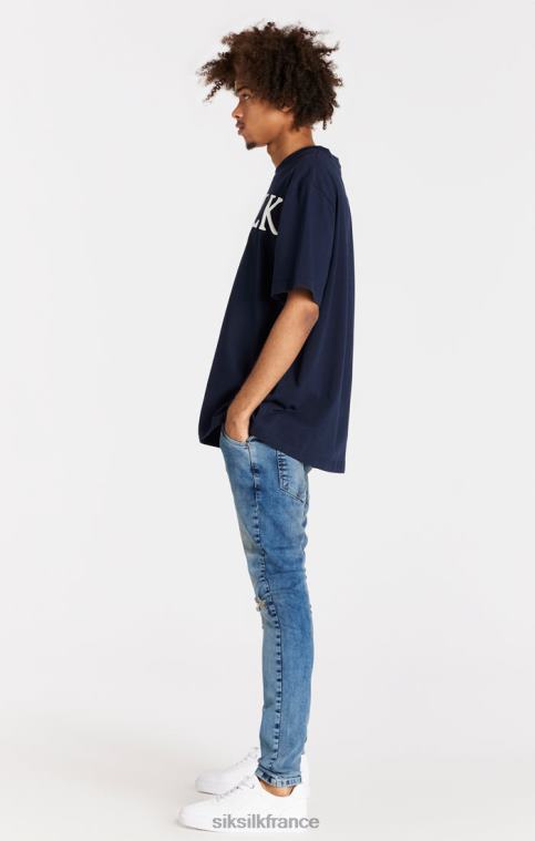 Hommes vêtements 6B8NV558 SikSilk jean slim bleu clair effet vieilli