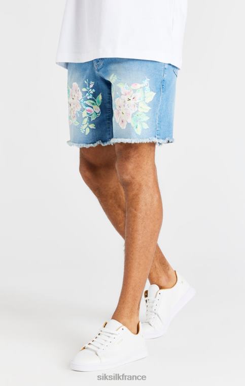 Hommes vêtements 6B8NV601 SikSilk short en jean brut à fleurs - bleu clair