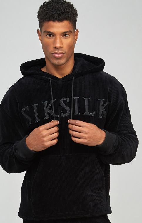 Hommes vêtements 6B8NV414 SikSilk sweat à capuche noir à logo appliqué en velours côtelé